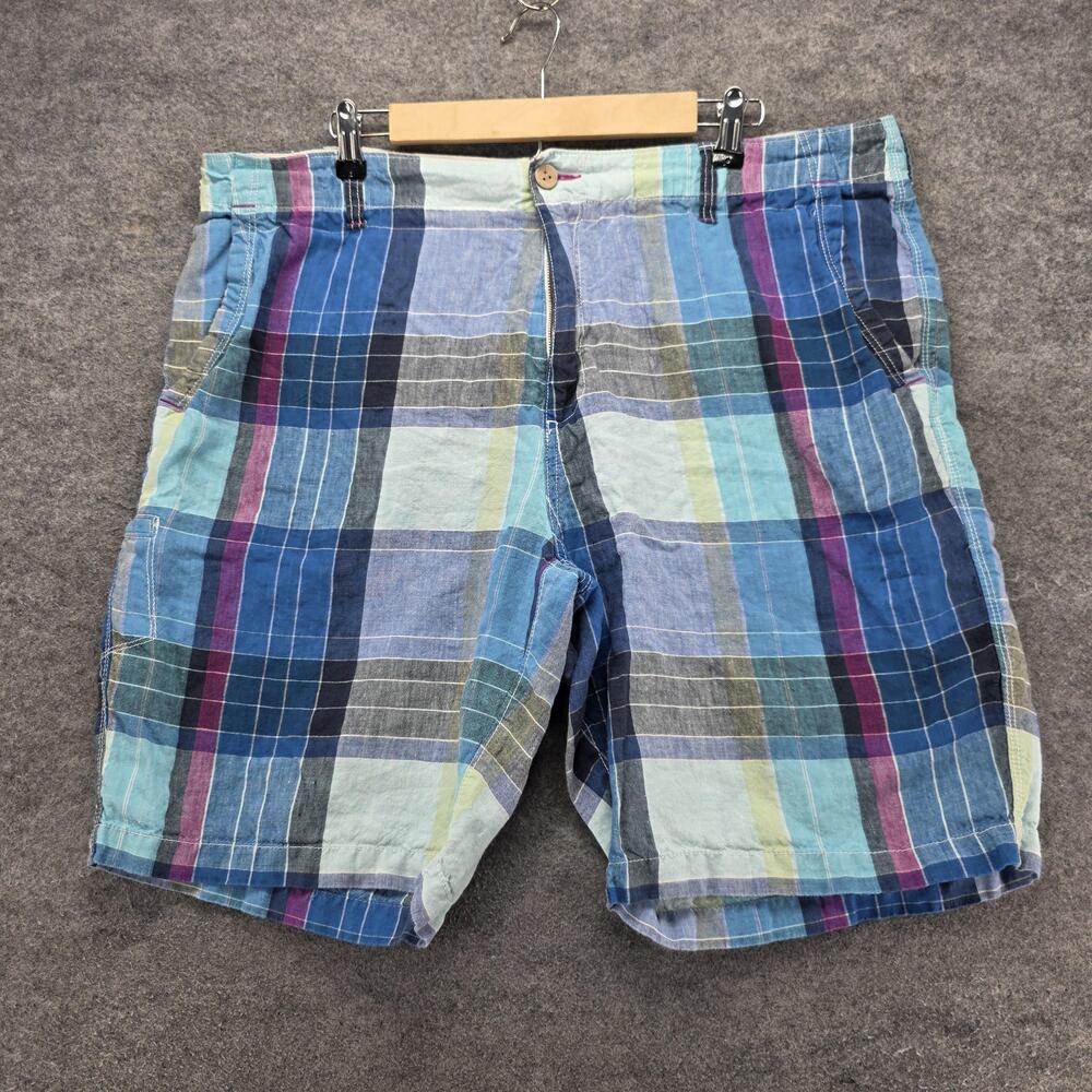 Tommy Bahama Shorts Mens 40 Blue Cargo Linen Plaid Relax Pockets 9 Inseam